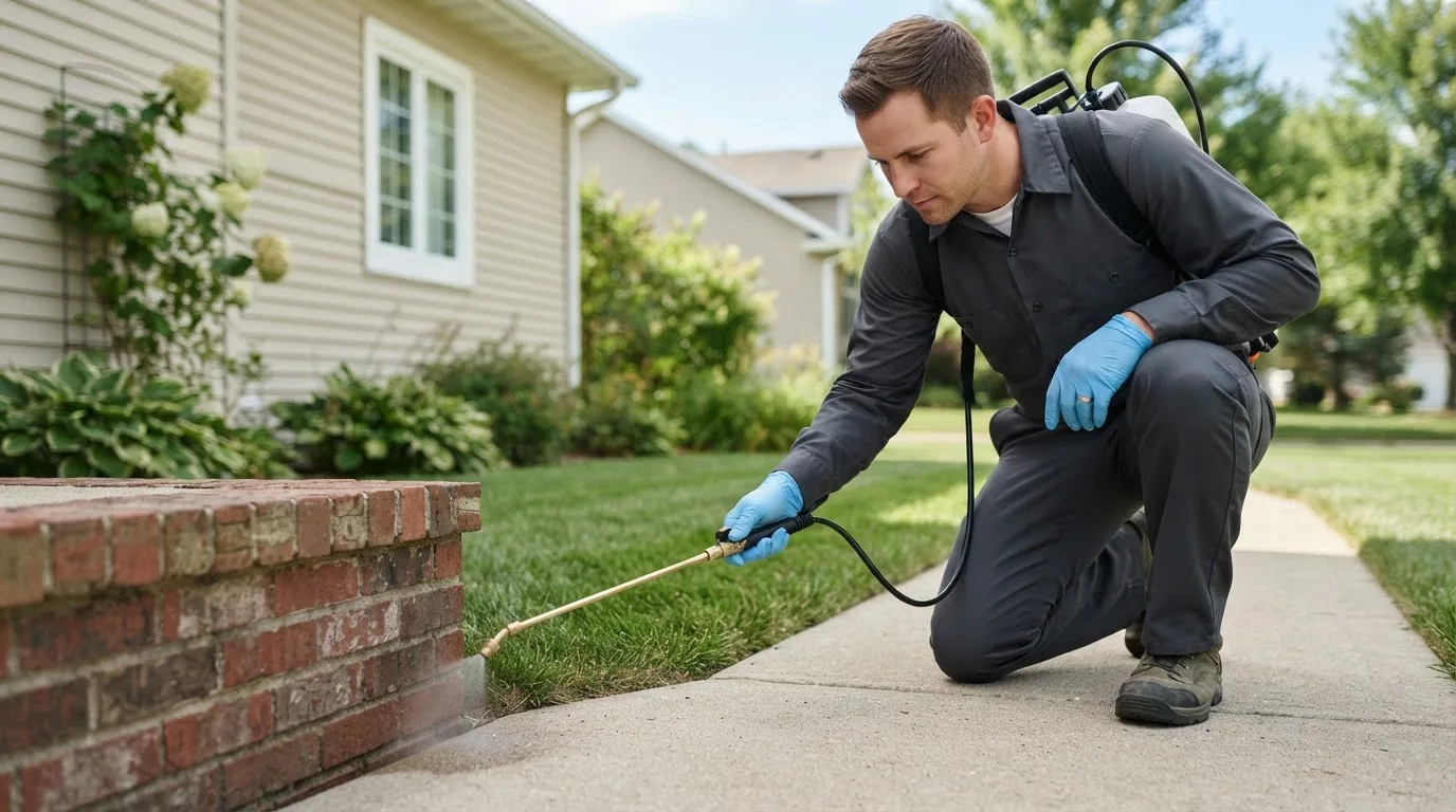 Pest control technician treating a home near Culver, IN